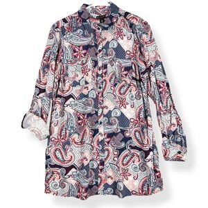 New Directions Button Down Top Womens Medium M Red Blue Paisley Roll Tab Sleeves